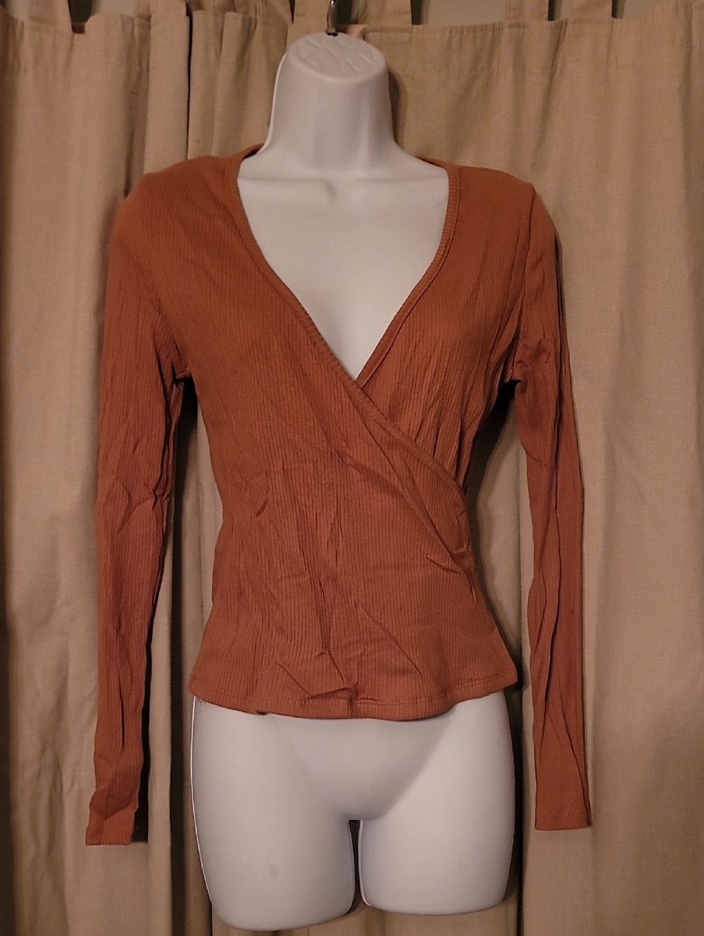 Timing Rust Brown Ribbed Wrap Long Sleeve Top